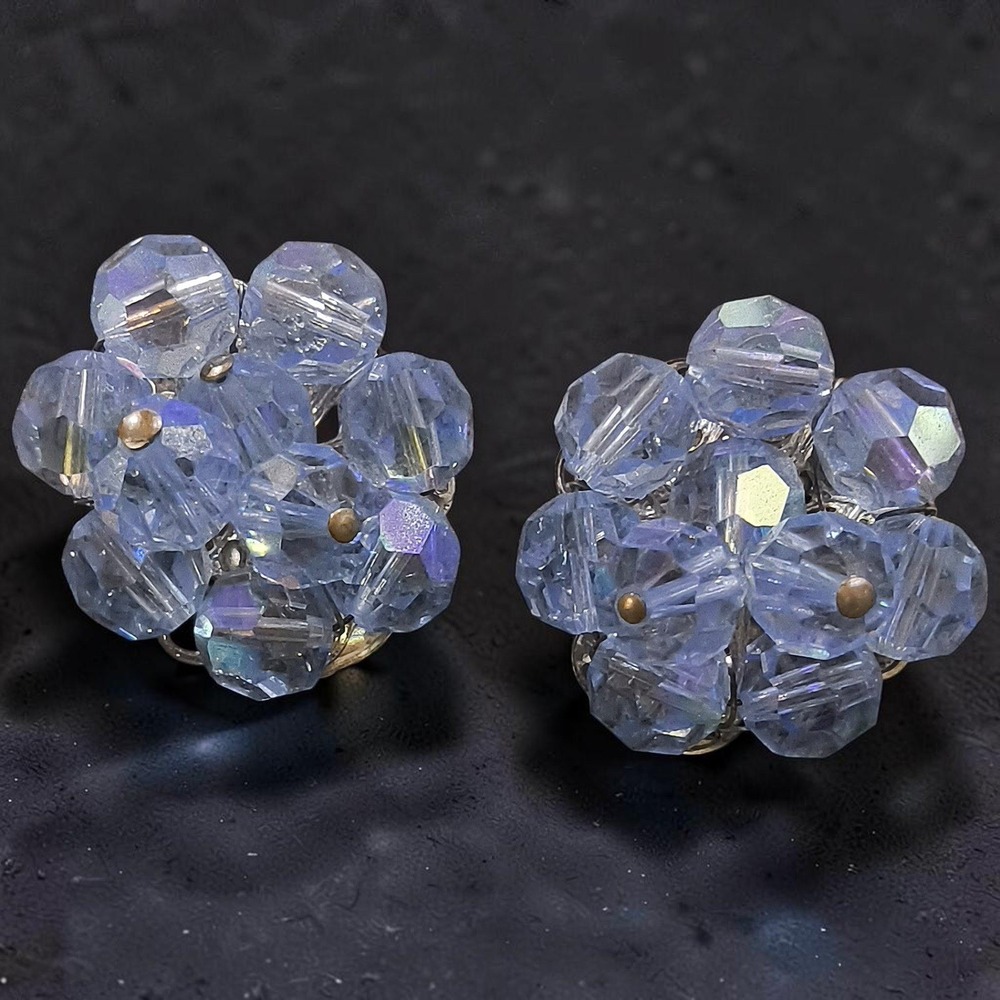 Vintage 1950s Sky Blue AB Glass Wired Cluster Clip Earrings